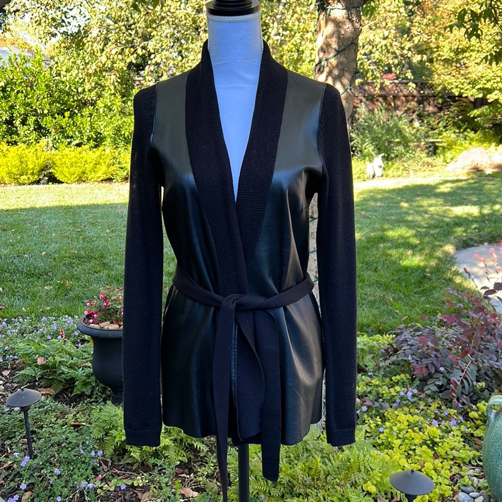 Genuine Leather & Wool Belted Cardigan Jacket